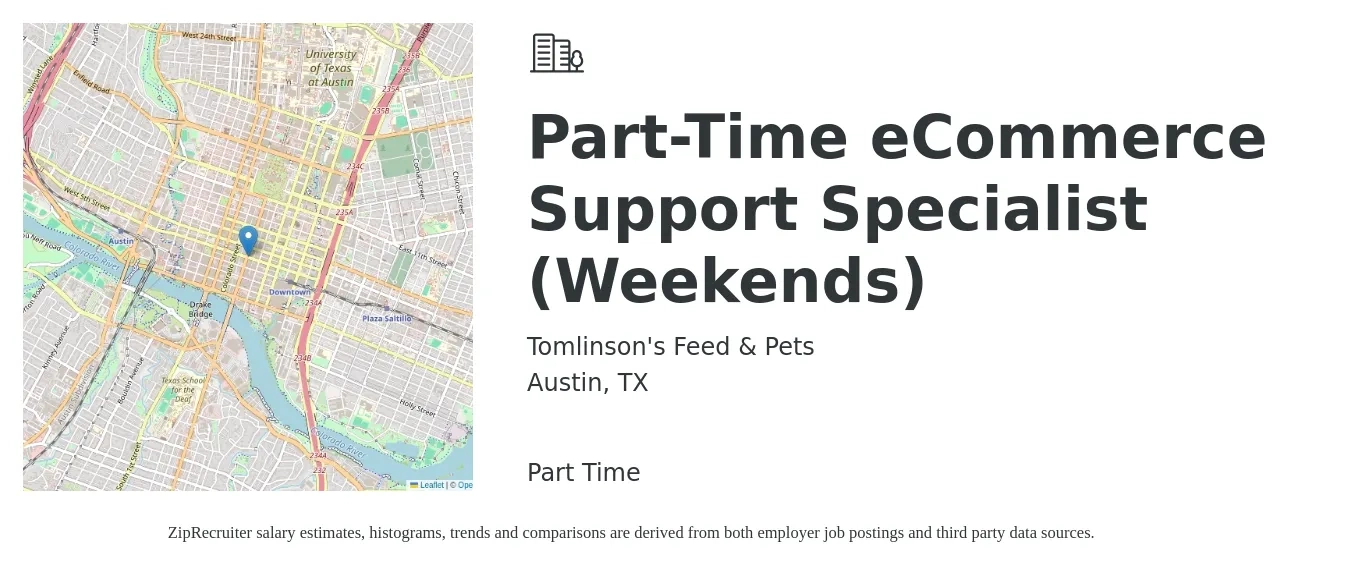 Tomlinson's Feed & Pets job posting for a Part-Time eCommerce Support Specialist (Weekends) in Austin, TX with a salary of $18 to $29 Hourly with a map of Austin location.