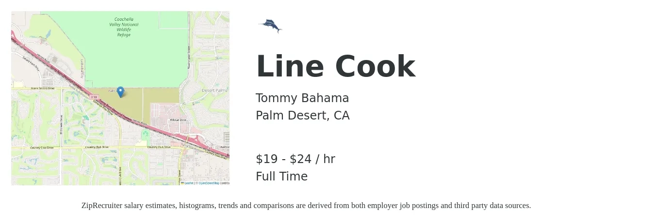Tommy Bahama job posting for a Line Cook in Palm Desert, CA with a salary of $20 to $25 Hourly with a map of Palm Desert location.