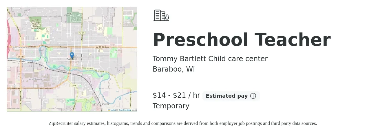 Tommy Bartlett Child care center job posting for a Preschool Teacher in Baraboo, WI with a salary of $15 to $20 Hourly with a map of Baraboo location.