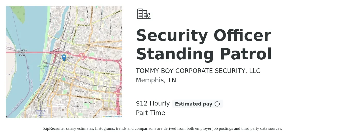 TOMMY BOY CORPORATE SECURITY, LLC job posting for a Security Officer Standing Patrol in Memphis, TN with a salary of $13 Hourly with a map of Memphis location.
