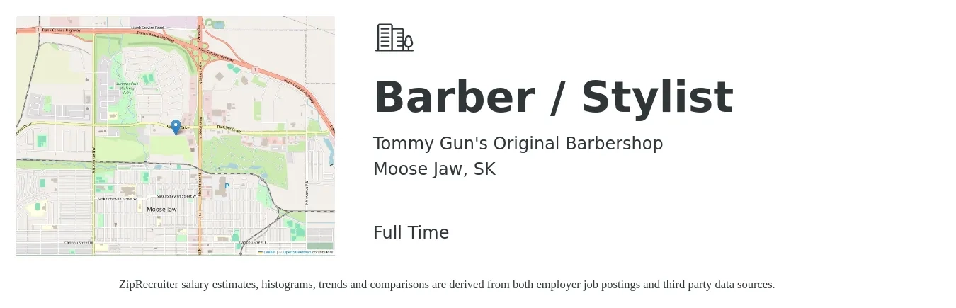 Tommy Gun's Original Barbershop job posting for a Barber / Stylist in Moose Jaw, SK with a salary of $17 to $23 Hourly with a map of Moose Jaw location.