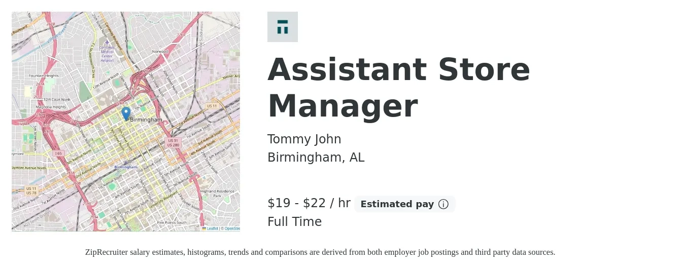 Tommy John job posting for a Assistant Store Manager in Birmingham, AL with a salary of $20 to $23 Hourly with a map of Birmingham location.