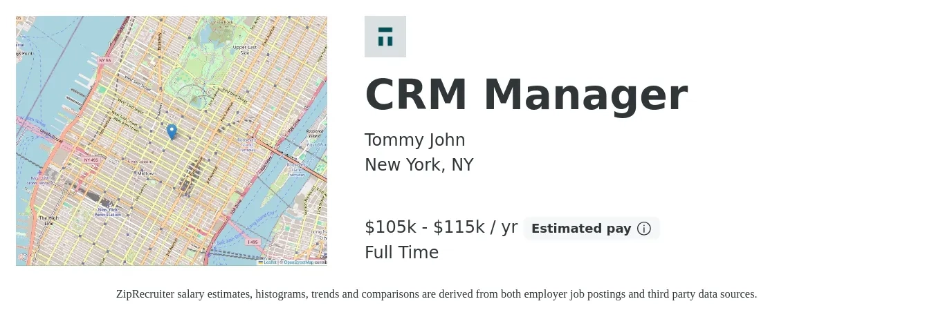 Tommy John job posting for a CRM Manager in New York, NY with a salary of $105,000 to $115,000 Yearly with a map of New York location.