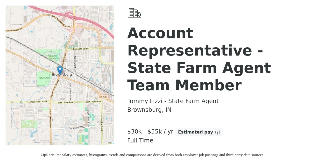 Tommy Lizzi - State Farm Agent job posting for a Account Representative - State Farm Agent Team Member in Brownsburg, IN with a salary of $30,000 to $55,000 Yearly with a map of Brownsburg location.