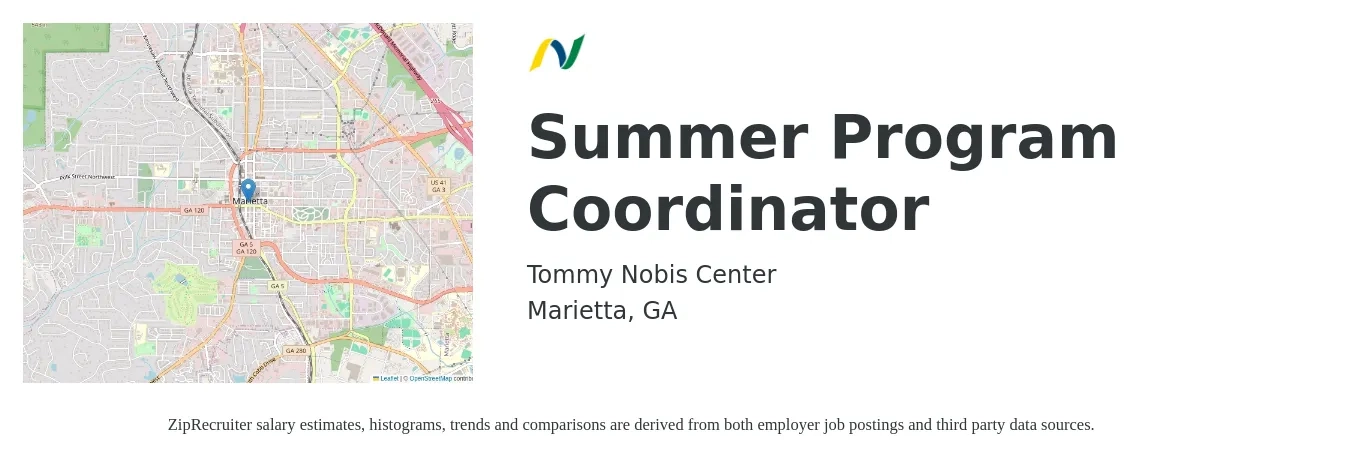 Tommy Nobis Center job posting for a Summer Program Coordinator in Marietta, GA with a salary of $38,200 to $56,300 Yearly with a map of Marietta location.