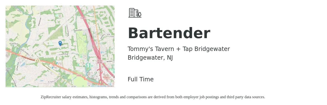 Tommy's Tavern + Tap Bridgewater job posting for a Bartender in Bridgewater, NJ with a salary of $5 to $25 Hourly with a map of Bridgewater location.