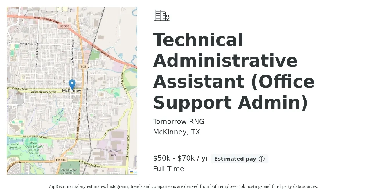 Tomorrow RNG job posting for a Technical Administrative Assistant (Office Support Admin) in McKinney, TX with a salary of $50,000 to $70,000 Yearly with a map of McKinney location.