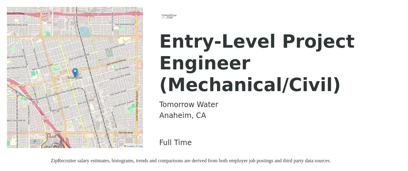 Tomorrow Water job posting for a Entry-Level Project Engineer (Mechanical/Civil) in Anaheim, CA with a salary of $70,100 to $92,700 Yearly with a map of Anaheim location.
