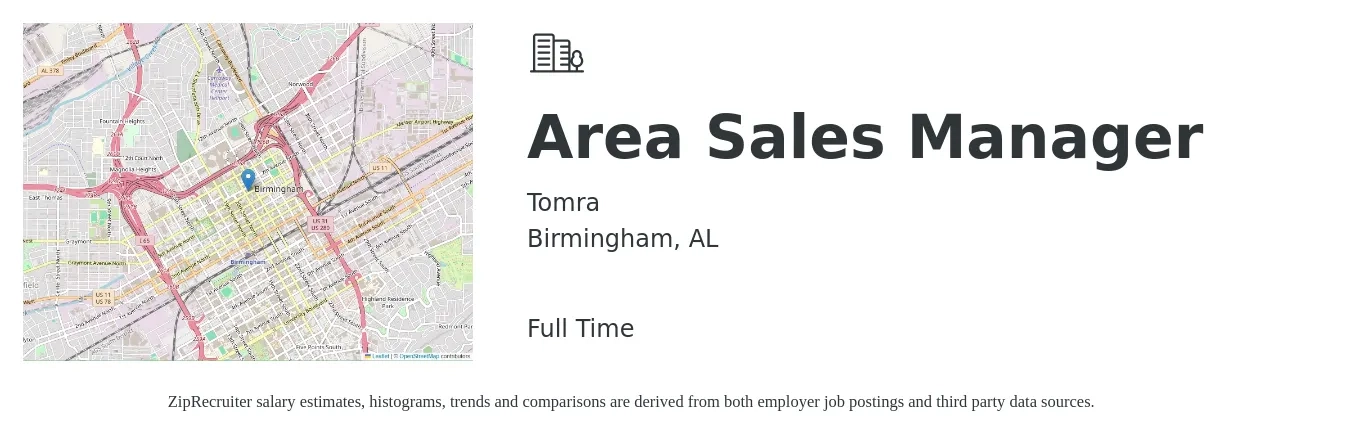 Tomra job posting for a Area Sales Manager in Birmingham, AL with a salary of $100,000 to $110,000 Yearly with a map of Birmingham location.