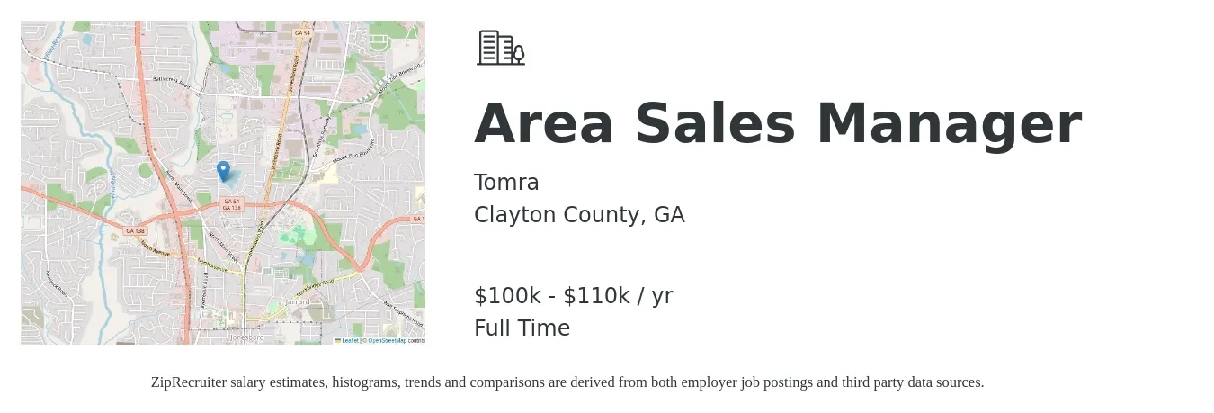 Tomra job posting for a Area Sales Manager in Clayton County, GA with a salary of $100,000 to $110,000 Yearly with a map of Clayton County location.