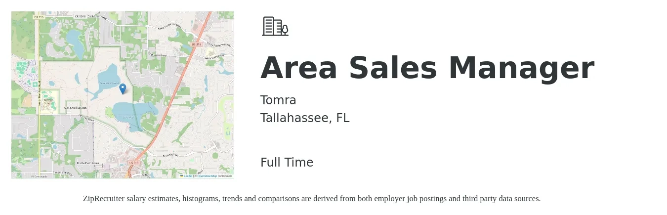 Tomra job posting for a Area Sales Manager in Tallahassee, FL with a salary of $100,000 to $110,000 Yearly with a map of Tallahassee location.