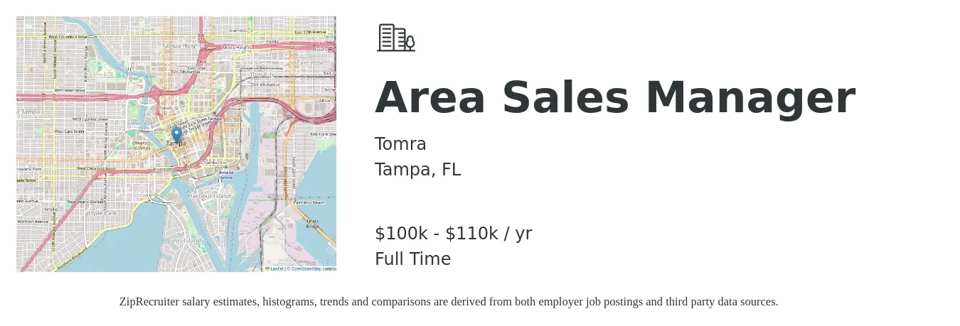 Tomra job posting for a Area Sales Manager in Tampa, FL with a salary of $100,000 to $110,000 Yearly with a map of Tampa location.
