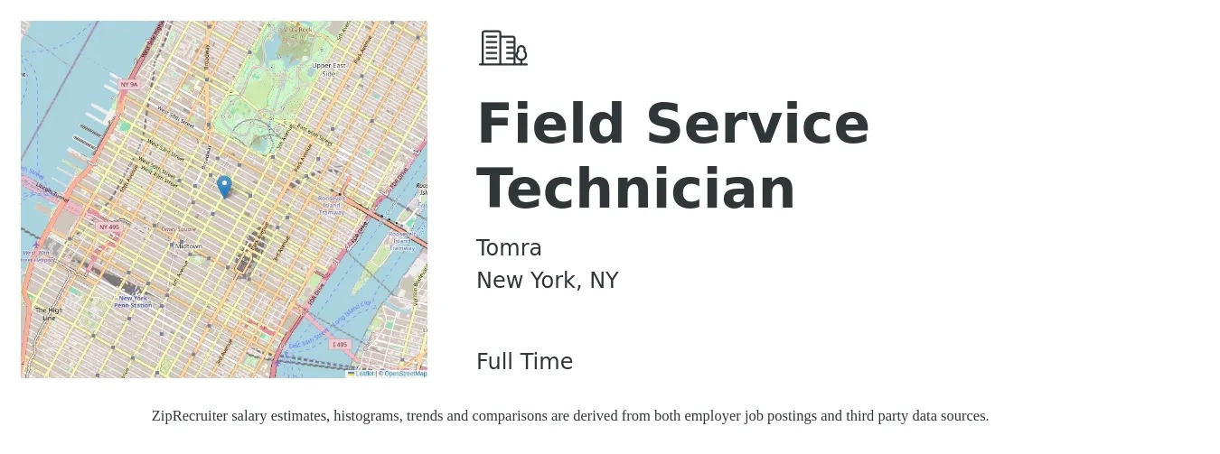 Tomra job posting for a Field Service Technician in New York, NY with a salary of $22 to $32 Hourly with a map of New York location.