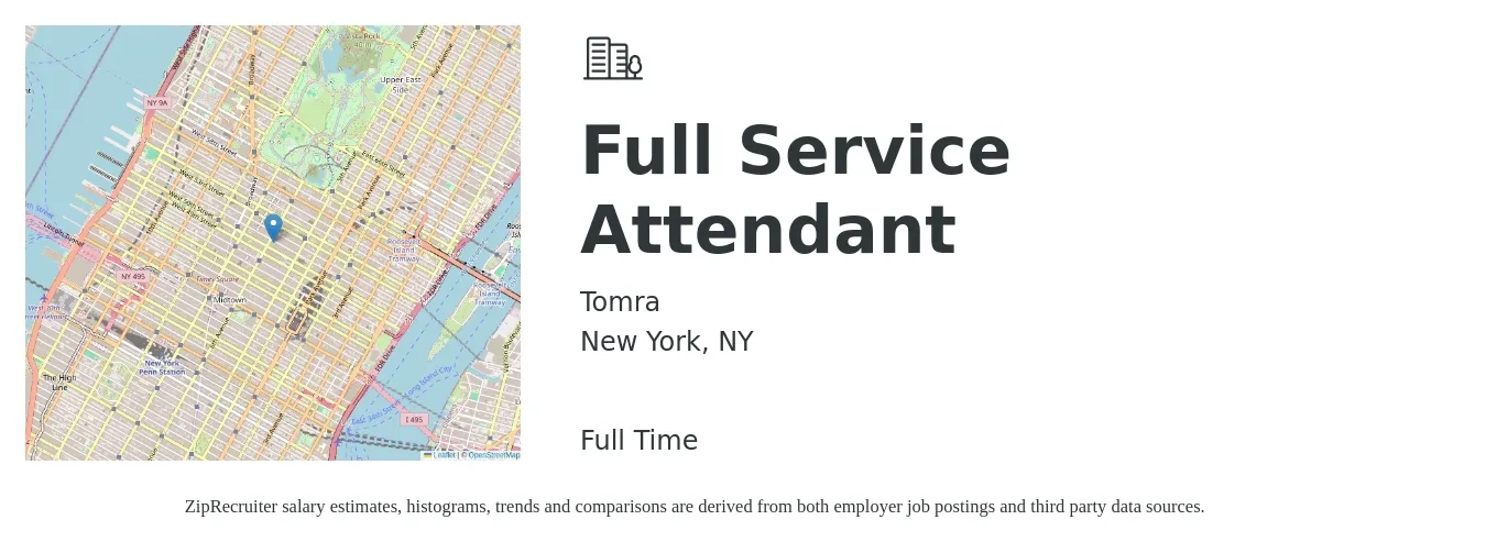 Tomra job posting for a Full Service Attendant in New York, NY with a salary of $18 Hourly with a map of New York location.