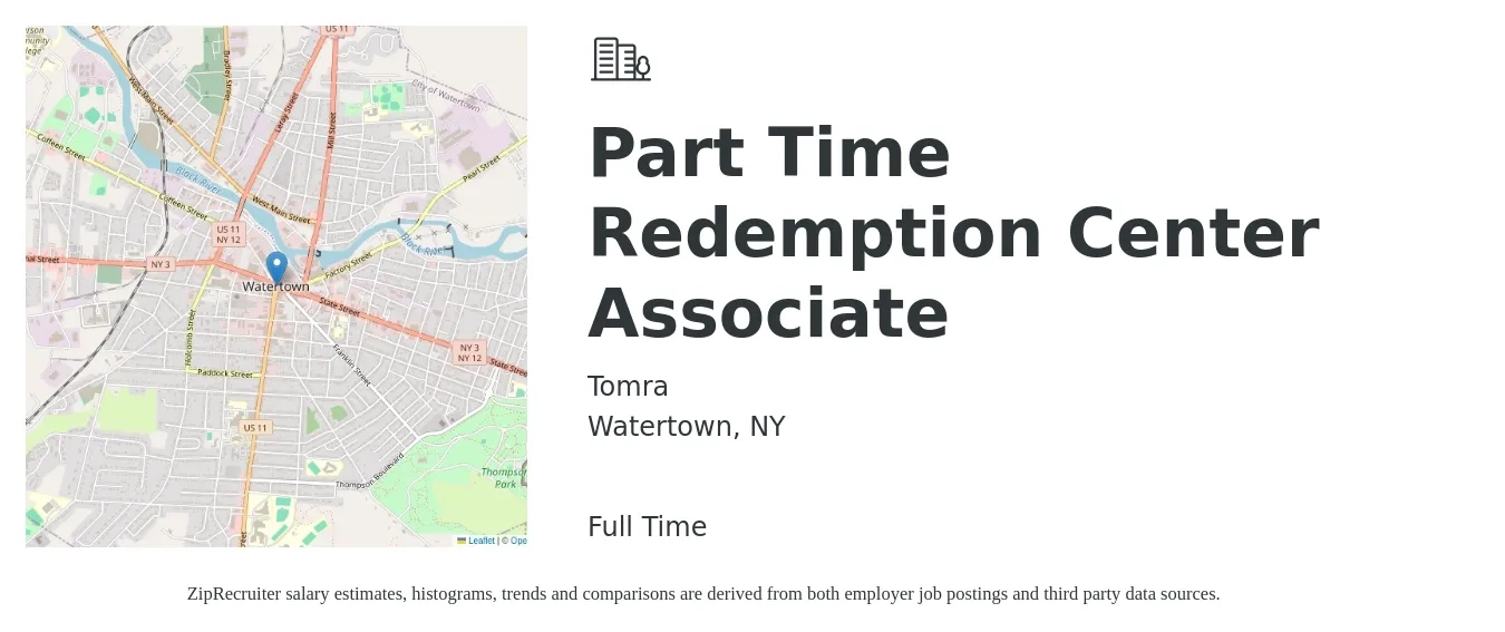 Tomra job posting for a Part Time Redemption Center Associate in Watertown, NY with a salary of $16 Hourly with a map of Watertown location.