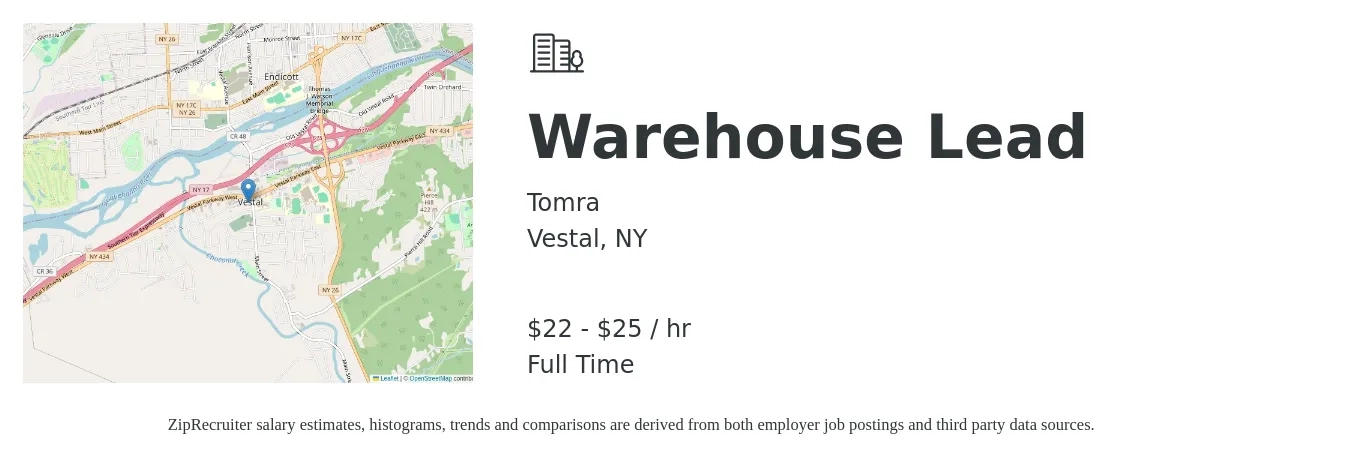 Tomra job posting for a Warehouse Lead in Vestal, NY with a salary of $23 to $27 Hourly with a map of Vestal location.