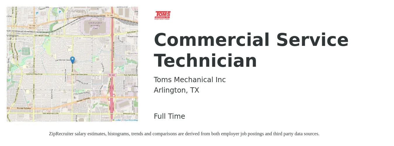 Toms Mechanical Inc job posting for a Commercial Service Technician in Arlington, TX with a salary of $19 to $28 Hourly with a map of Arlington location.