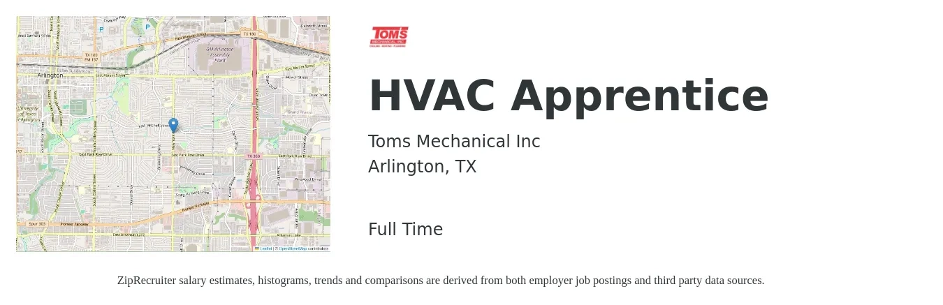 Toms Mechanical Inc job posting for a HVAC Apprentice in Arlington, TX with a salary of $19 to $29 Hourly with a map of Arlington location.