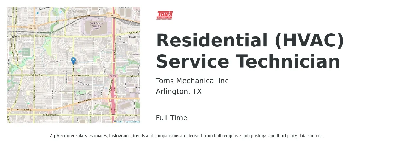 Toms Mechanical Inc job posting for a Residential (HVAC) Service Technician in Arlington, TX with a salary of $23 to $30 Hourly with a map of Arlington location.