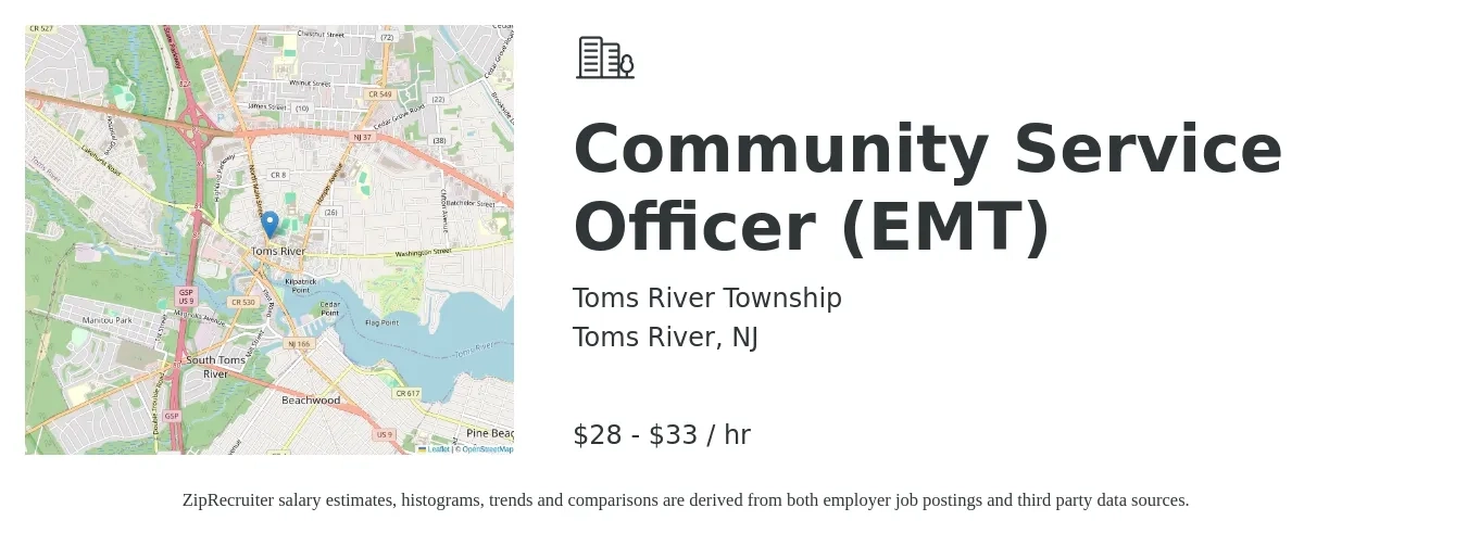 Toms River Township job posting for a Community Service Officer (EMT) in Toms River, NJ with a salary of $30 to $35 Hourly with a map of Toms River location.