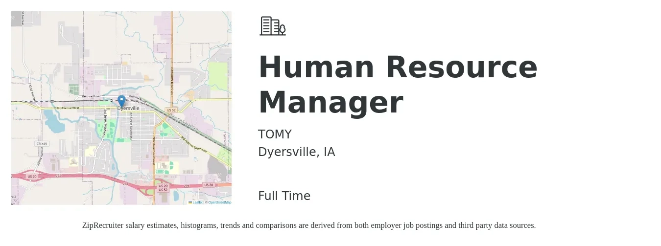 TOMY job posting for a Human Resource Manager in Dyersville, IA with a salary of $66,400 to $96,200 Yearly with a map of Dyersville location.