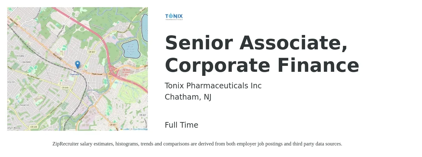 Tonix Pharmaceuticals Inc job posting for a Senior Associate, Corporate Finance in Chatham, NJ with a map of Chatham location.