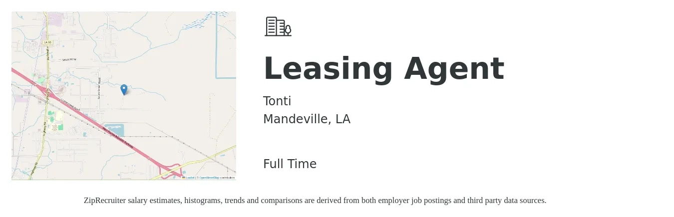 Tonti job posting for a Leasing Agent in Mandeville, LA with a salary of $15 to $18 Hourly with a map of Mandeville location.