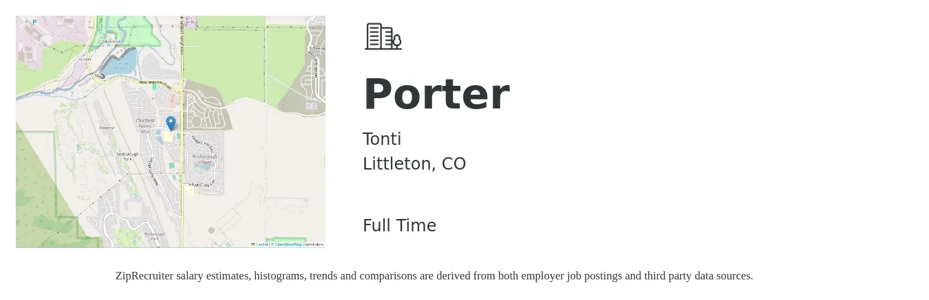 Tonti job posting for a Porter in Littleton, CO with a salary of $14 to $18 Hourly with a map of Littleton location.