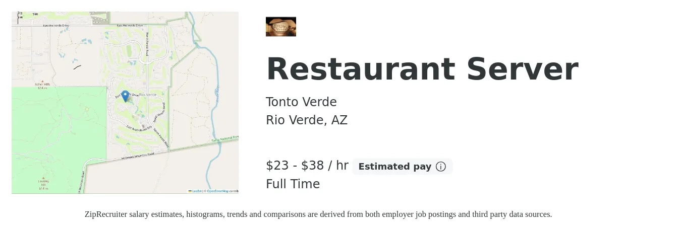 Tonto Verde job posting for a Restaurant Server in Rio Verde, AZ with a salary of $24 to $40 Hourly with a map of Rio Verde location.