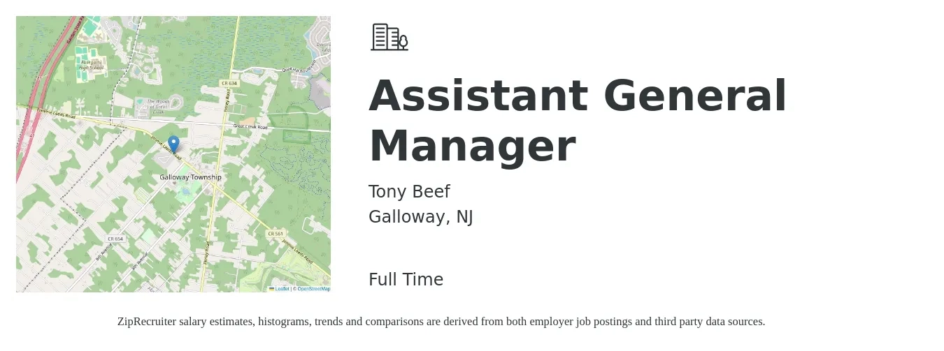 Tony Beef job posting for a Assistant General Manager in Galloway, NJ with a salary of $16 to $25 Hourly with a map of Galloway location.