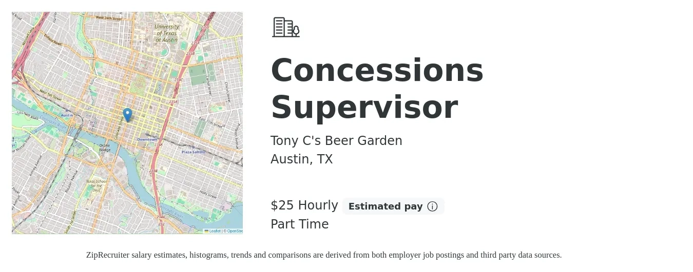 Tony C's Beer Garden job posting for a Concessions Supervisor in Austin, TX with a salary of $26 Hourly with a map of Austin location.