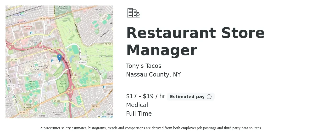 Tony's Tacos job posting for a Restaurant Store Manager in Nassau County, NY with a salary of $18 to $20 Hourly and benefits including medical, and pto with a map of Nassau County location.