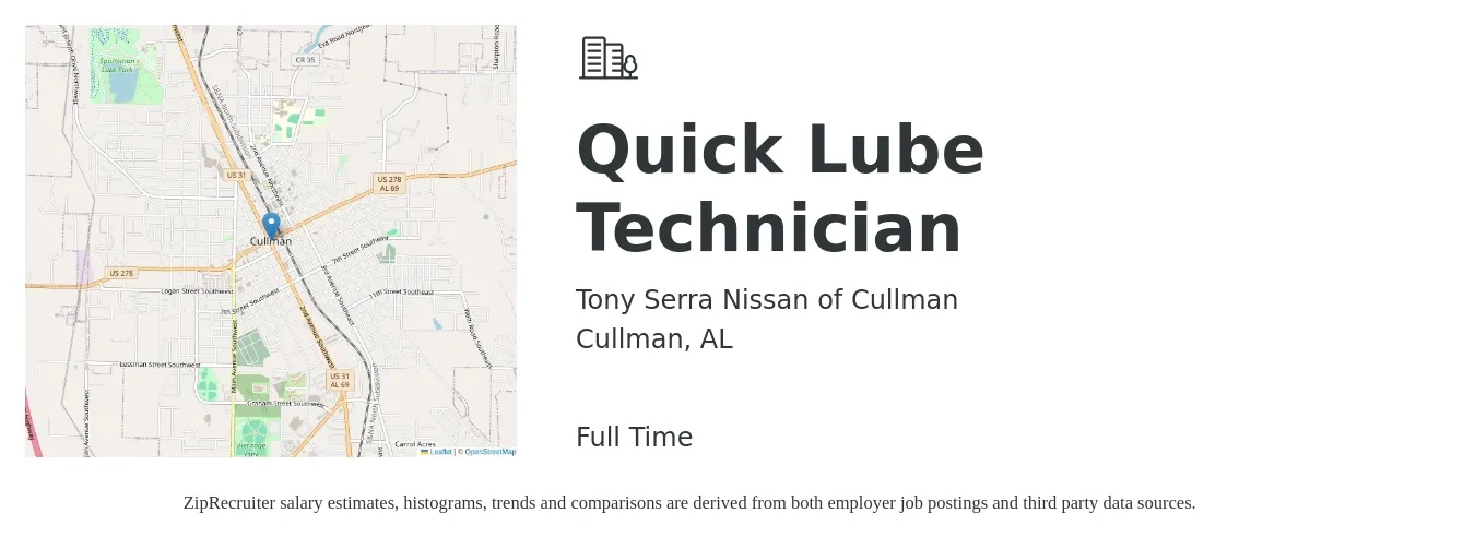 Tony Serra Nissan of Cullman job posting for a Quick Lube Technician in Cullman, AL with a salary of $12 to $17 Hourly with a map of Cullman location.