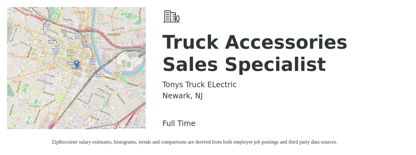 Tonys Truck ELectric job posting for a Truck Accessories Sales Specialist in Newark, NJ with a salary of $23 to $31 Hourly with a map of Newark location.