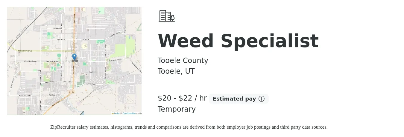 Tooele County job posting for a Weed Specialist in Tooele, UT with a salary of $21 to $23 Hourly with a map of Tooele location.