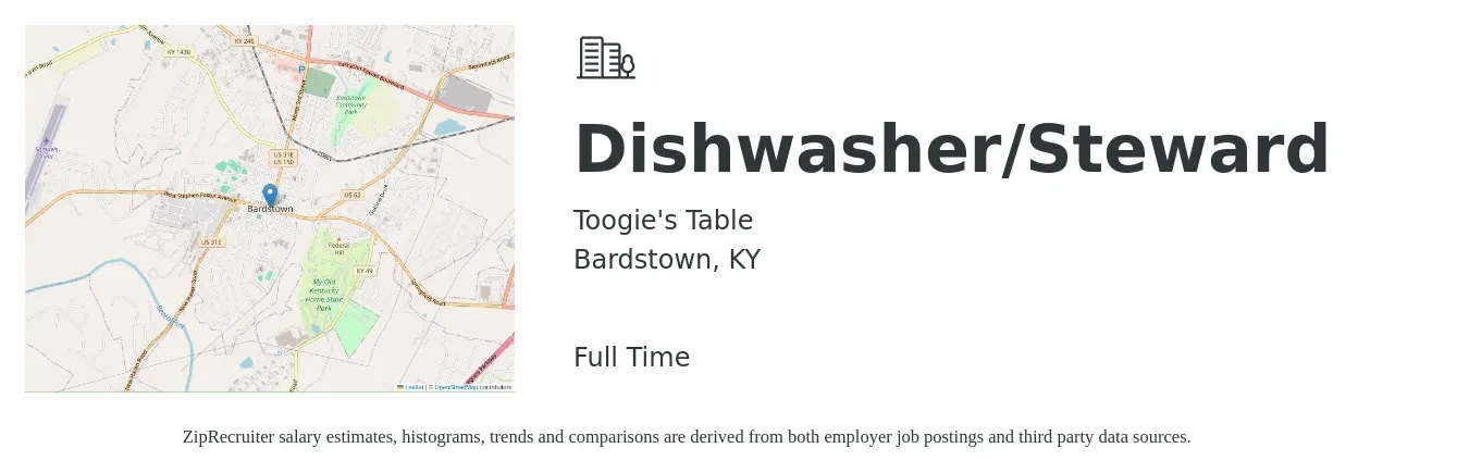Toogie's Table job posting for a Dishwasher/Steward in Bardstown, KY with a salary of $13 to $16 Hourly with a map of Bardstown location.