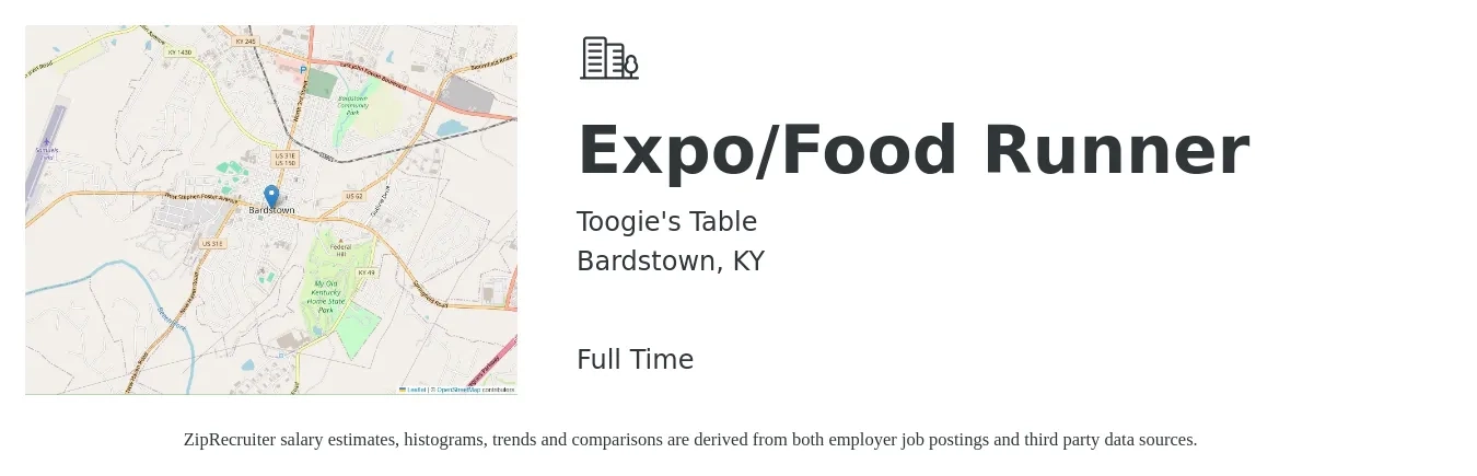 Toogie's Table job posting for a Expo/Food Runner in Bardstown, KY with a salary of $10 to $15 Hourly with a map of Bardstown location.