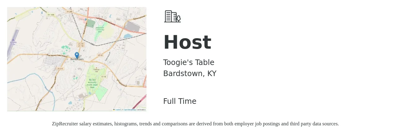 Toogie's Table job posting for a Host in Bardstown, KY with a salary of $12 to $16 Hourly with a map of Bardstown location.