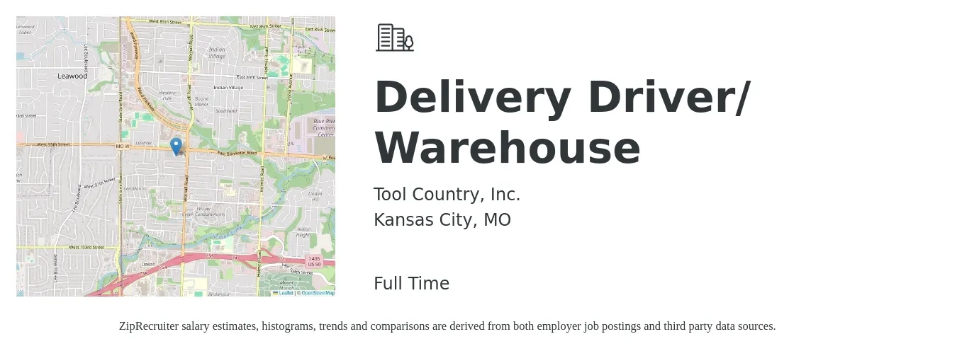 Tool Country, Inc. job posting for a Delivery Driver/ Warehouse in Kansas City, MO with a salary of $16 to $20 Hourly with a map of Kansas City location.