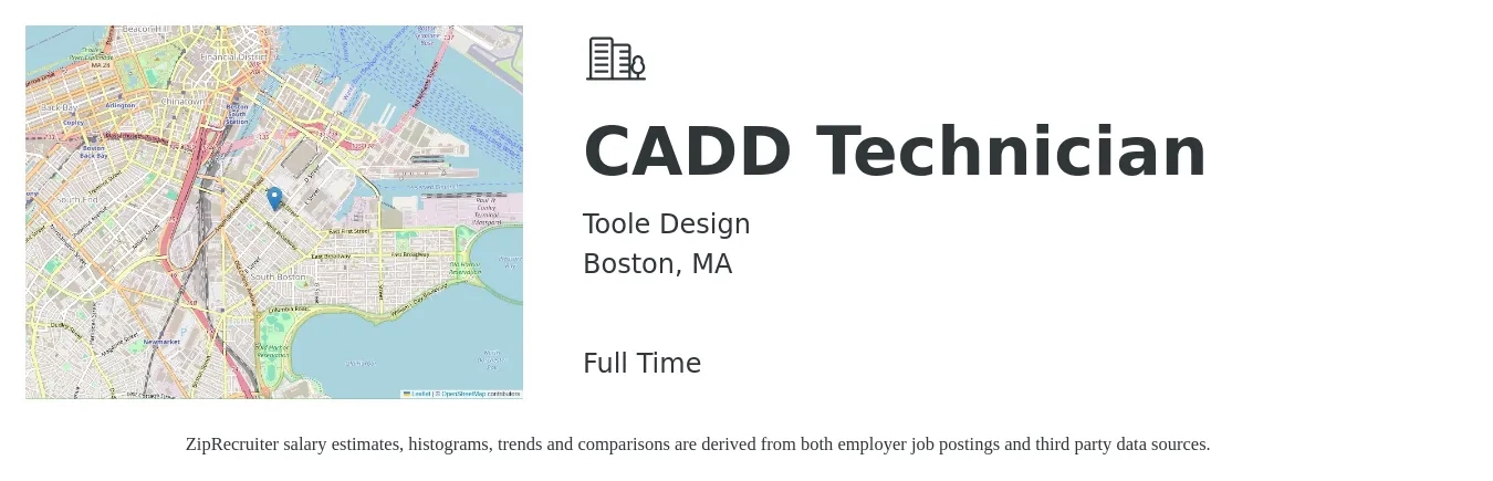 Toole Design job posting for a CADD Technician in Boston, MA with a salary of $54,200 to $84,500 Yearly with a map of Boston location.
