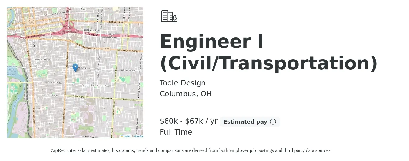Toole Design job posting for a Engineer I (Civil/Transportation) in Columbus, OH with a salary of $29 to $32 Hourly with a map of Columbus location.