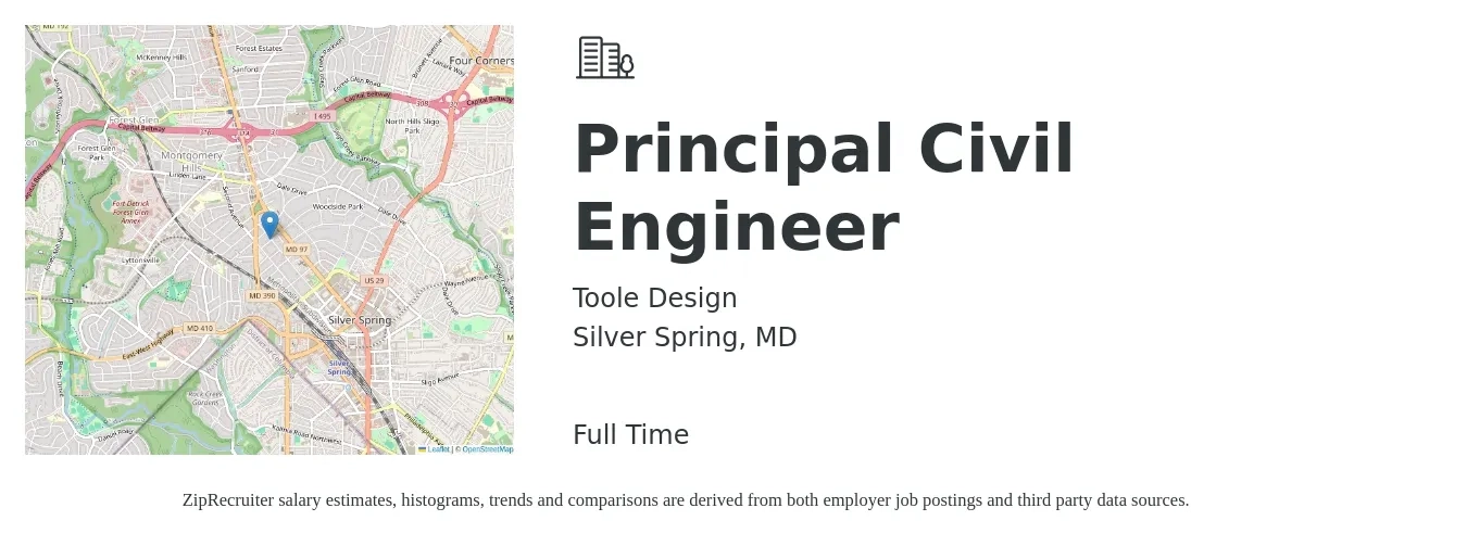 Toole Design job posting for a Principal Civil Engineer in Silver Spring, MD with a salary of $69,800 to $101,800 Yearly with a map of Silver Spring location.