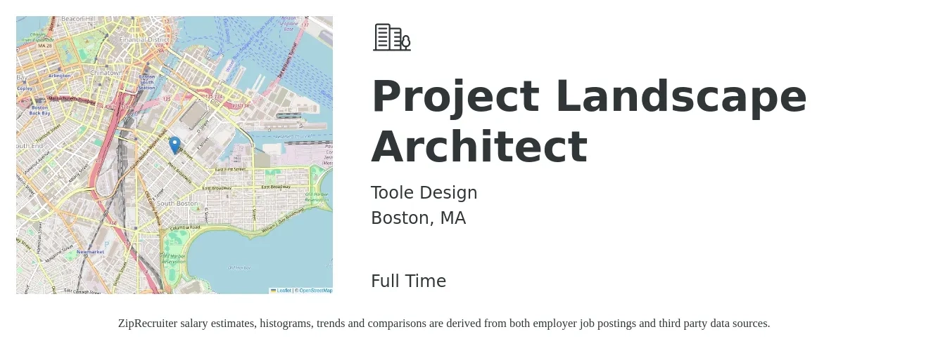Toole Design job posting for a Project Landscape Architect in Boston, MA with a salary of $82,900 to $105,600 Yearly with a map of Boston location.