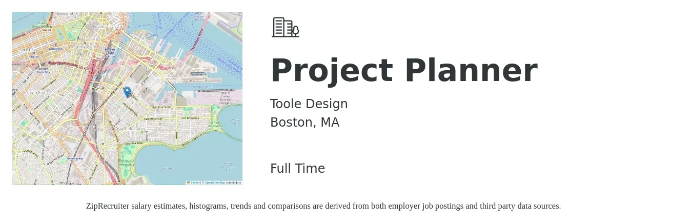 Toole Design job posting for a Project Planner in Boston, MA with a salary of $73,900 to $110,300 Yearly with a map of Boston location.