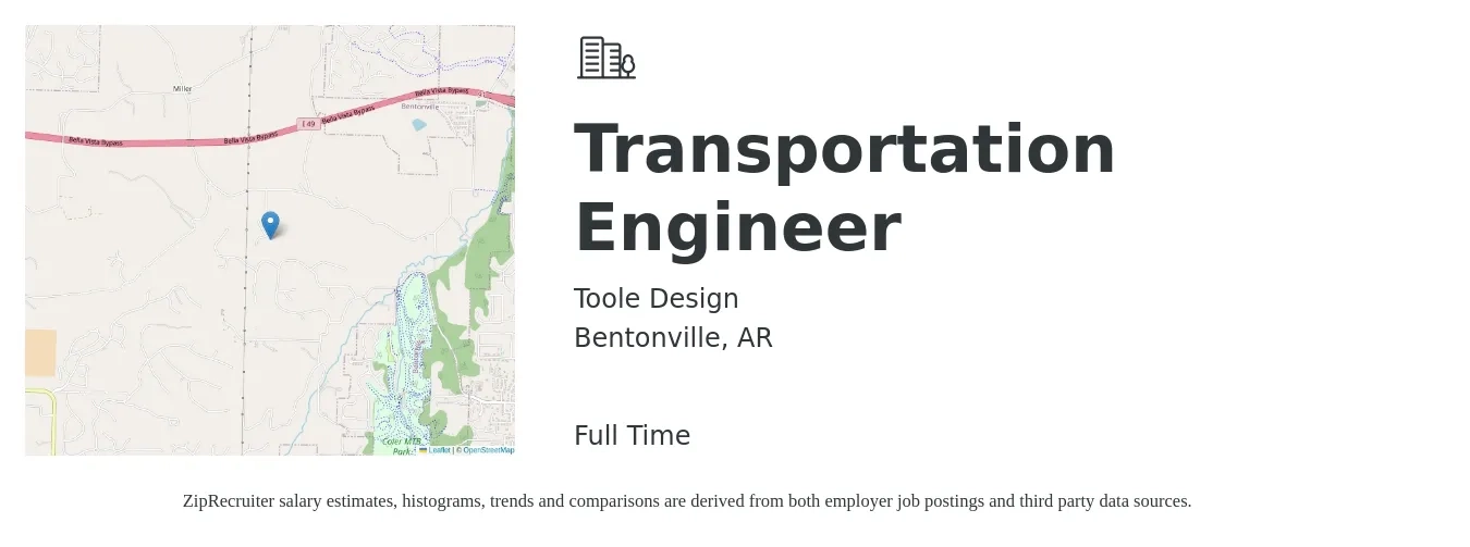 Toole Design job posting for a Transportation Engineer in Bentonville, AR with a salary of $67,900 to $89,800 Yearly with a map of Bentonville location.