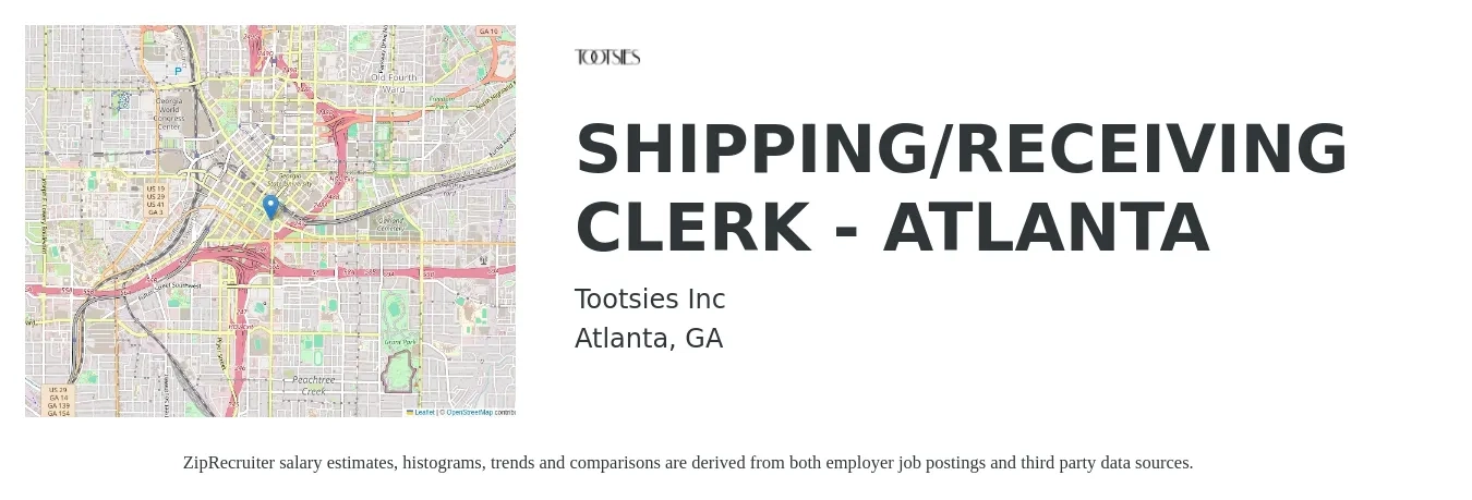 Tootsies Inc job posting for a SHIPPING/RECEIVING CLERK - ATLANTA in Atlanta, GA with a salary of $16 to $19 Hourly with a map of Atlanta location.
