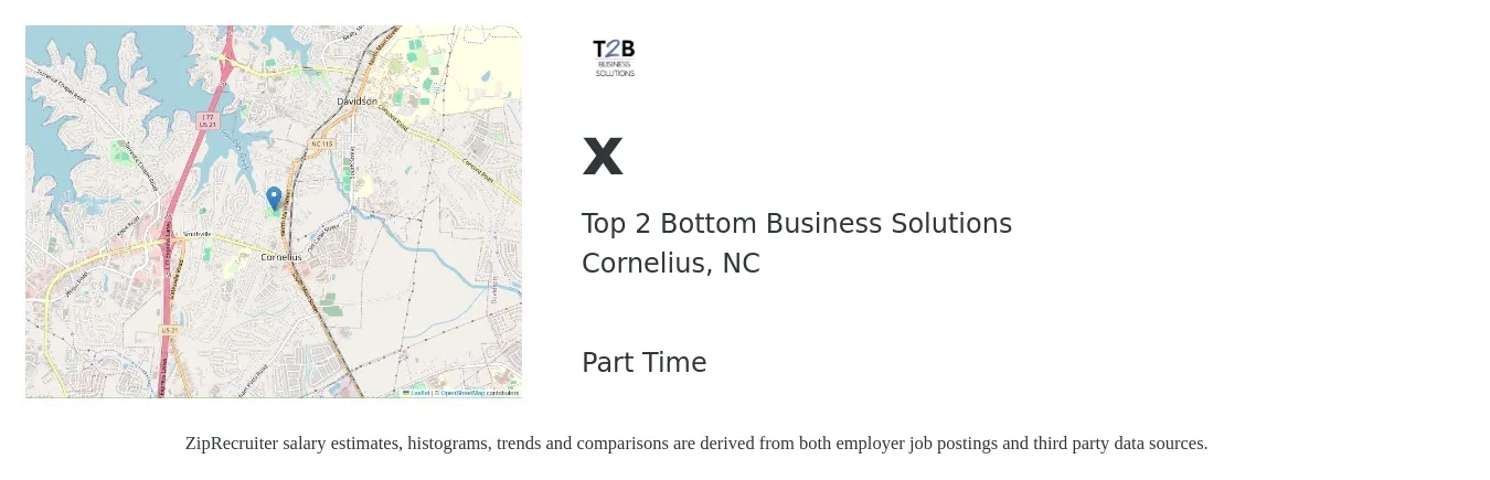 Top 2 Bottom Business Solutions job posting for a x in Cornelius, NC with a salary of $1,160 to $2,030 Weekly with a map of Cornelius location.