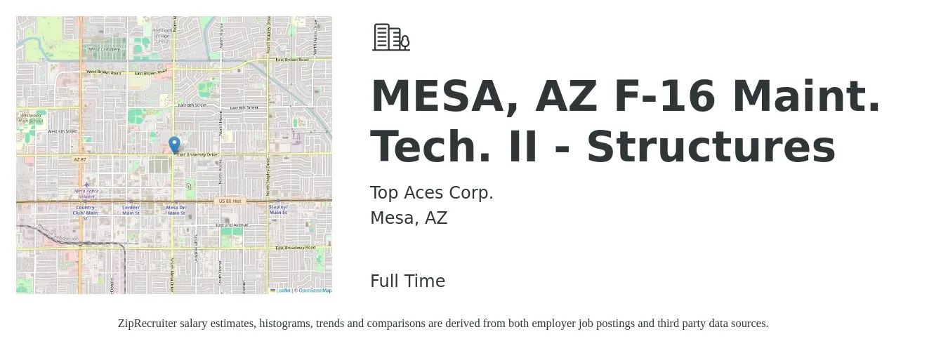 Top Aces Corp. job posting for a MESA, AZ F-16 Maint. Tech. II - Structures in Mesa, AZ with a salary of $31 to $40 Hourly with a map of Mesa location.