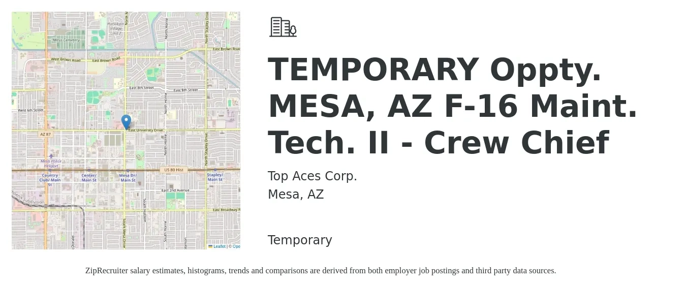 Top Aces Corp. job posting for a TEMPORARY Oppty. MESA, AZ F-16 Maint. Tech. II - Crew Chief in Mesa, AZ with a salary of $19 to $24 Hourly with a map of Mesa location.