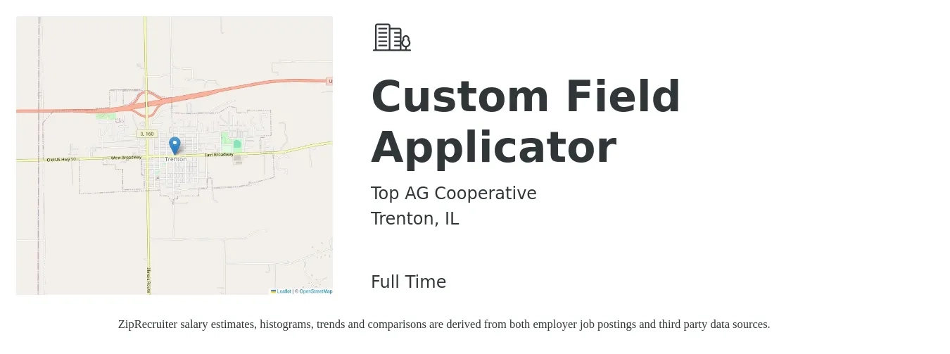 Top AG Cooperative job posting for a Custom Field Applicator in Trenton, IL with a salary of $16 to $23 Hourly with a map of Trenton location.